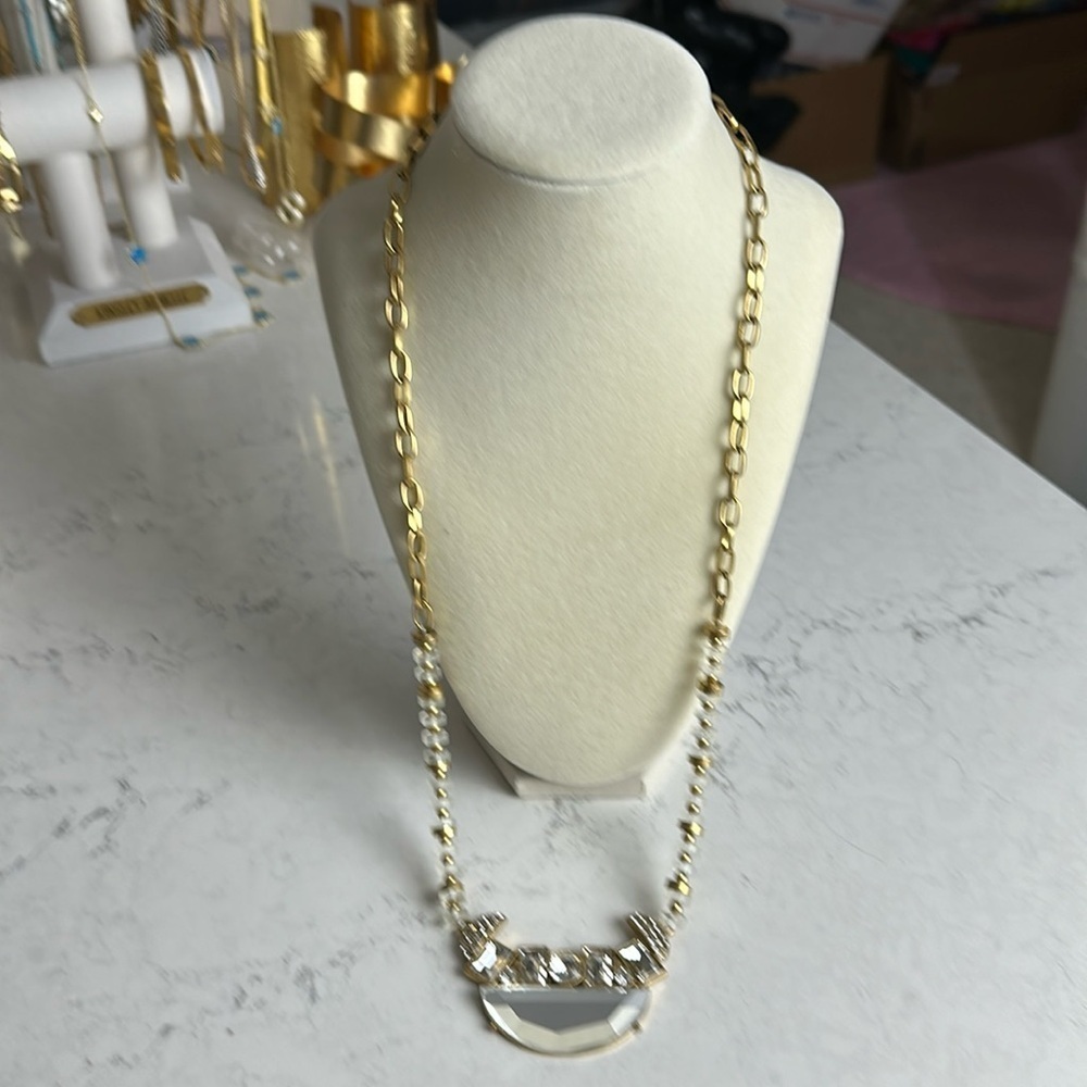 J Crew long gold tone crystal stone with beads costume necklace. NWT